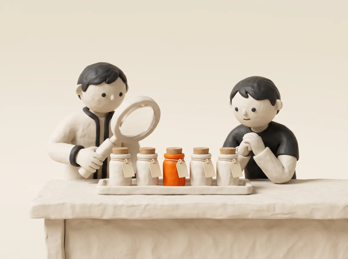 Clay-Szene: Zwei Figuren prüfen mit der Lupe eine Reihe Produktmuster, ein Fläschchen ist orange — das richtige Produkt wird gewählt