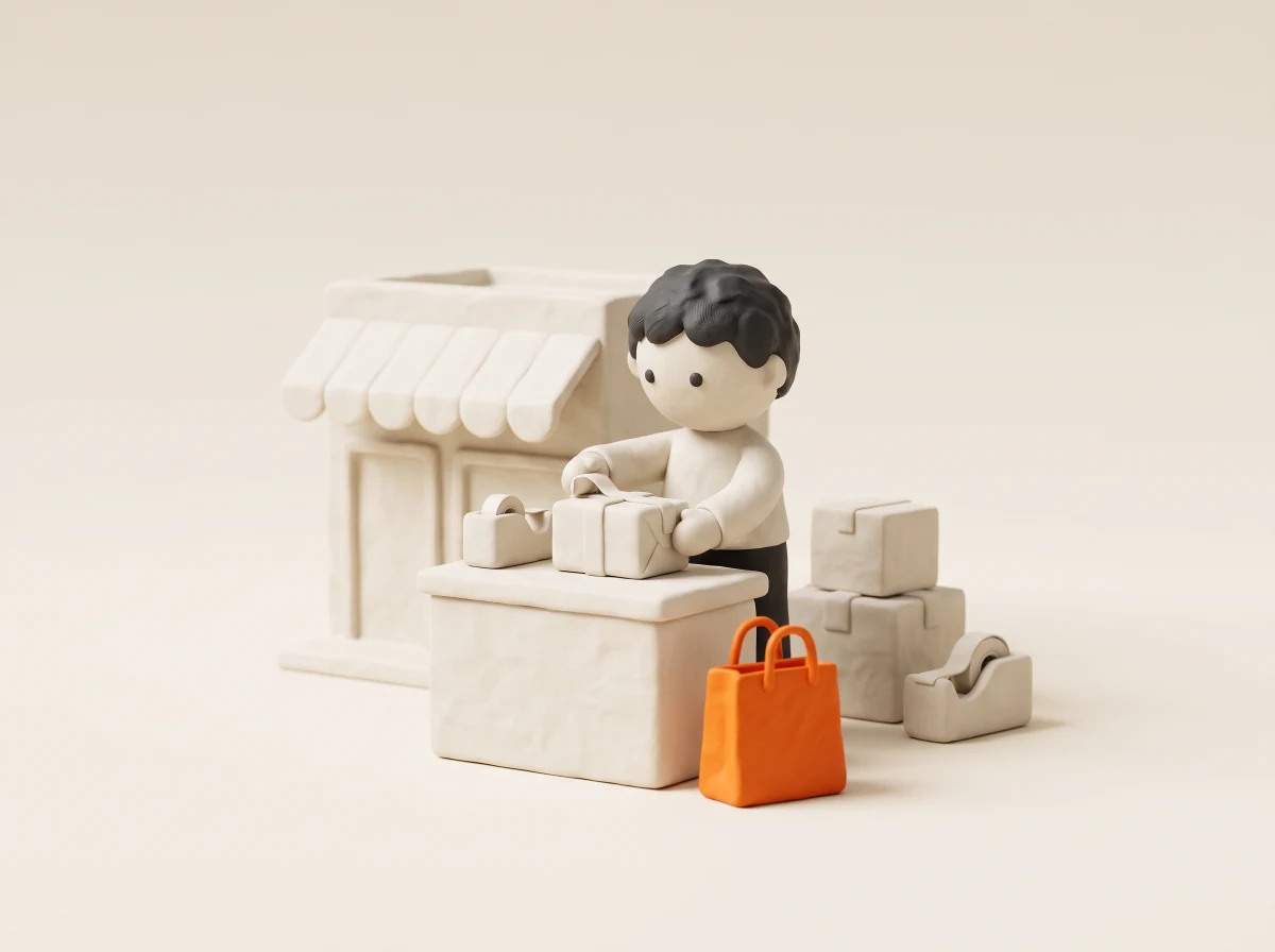 Clay-Szene: Eine Figur packt am Ladentresen ein Paket, daneben eine orange Einkaufstüte — der Shop läuft